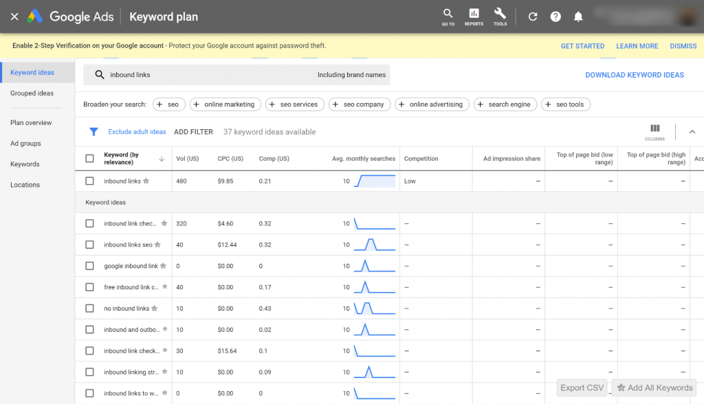 planejador de palavras-chave do google